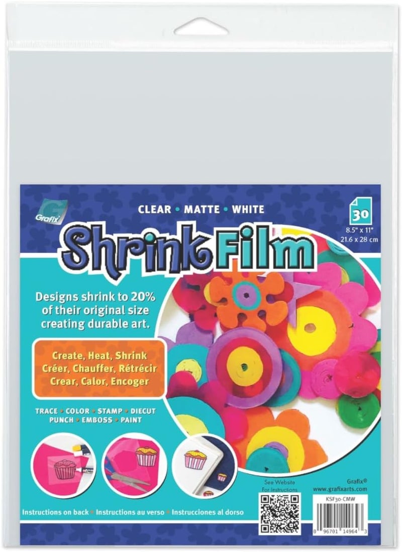 Grafix Shrink Film - Clear, Matte & White 8.5"x11" Sheets, Design Your Art and Shrink It to Create Jewelry, Embellishments, Paper Crafts, Gift Tags, Ornaments and More, Assorted 30pcs - Image 1